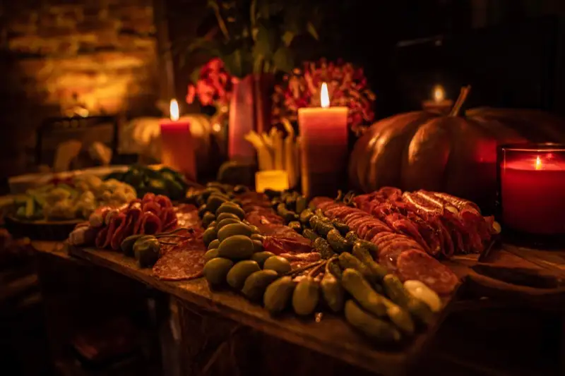 Candlelit charcuterie board with salami, olives, and cornichons